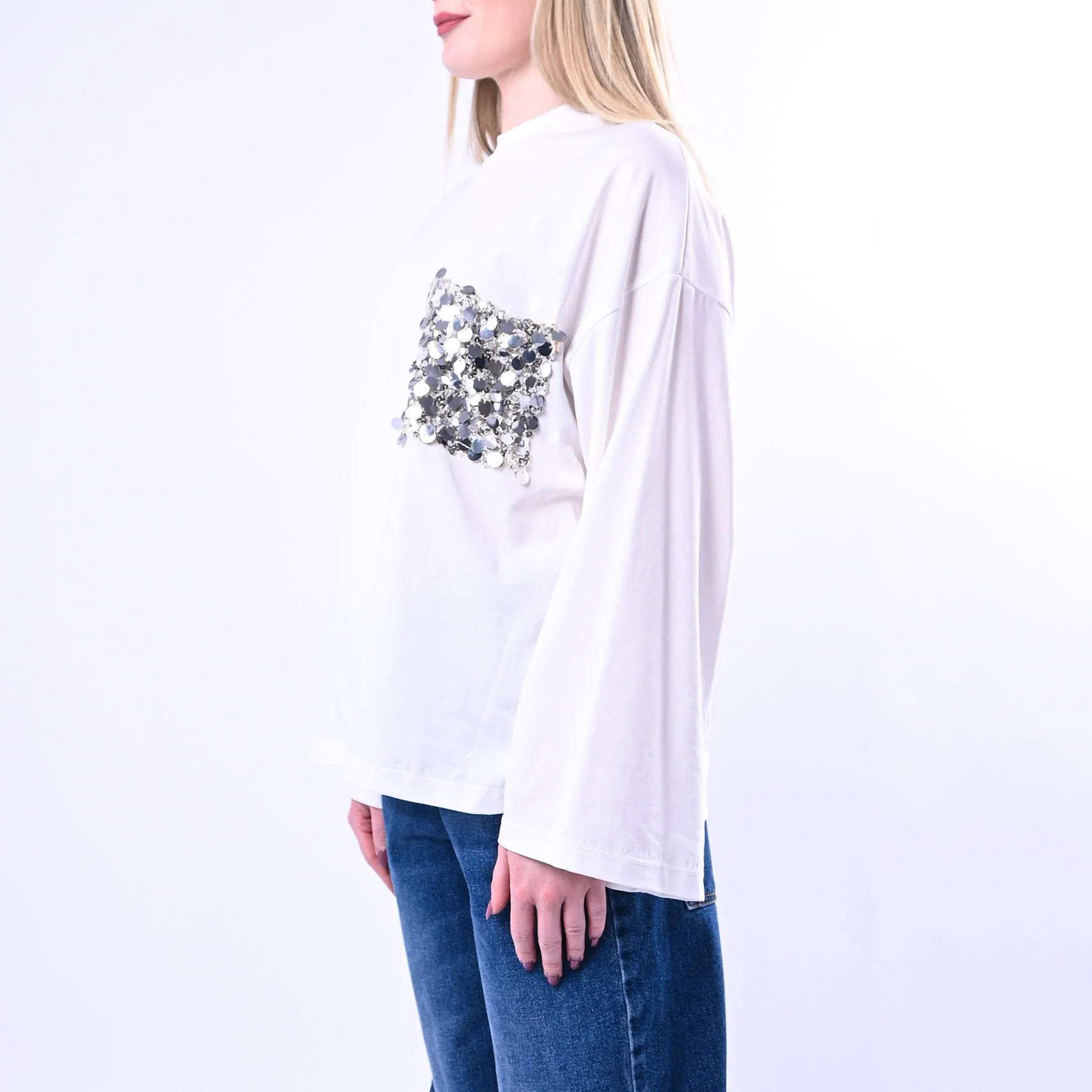 TENSIONE IN - T-SHIRT OVER TASCA PAILLETTES ART.260149/P - PANNA - Image 3