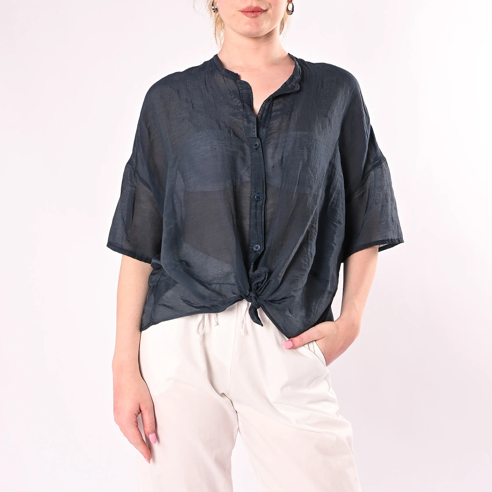 VICOLO - CAMICIA OVER MISTO SETA MANICA CORTA ART. TAB0670/B - BLU