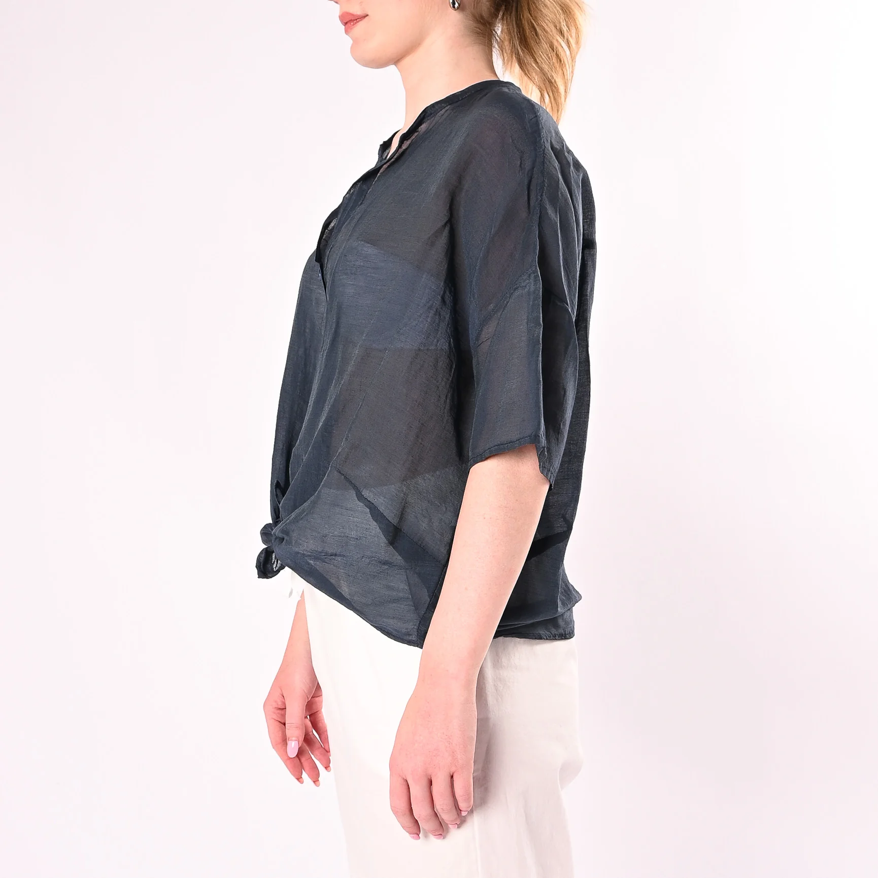VICOLO - CAMICIA OVER MISTO SETA MANICA CORTA ART. TAB0670/B - BLU - Image 3