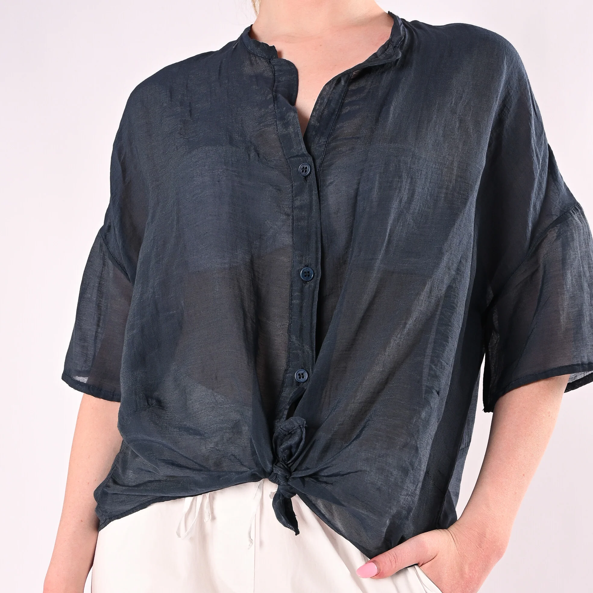 VICOLO - CAMICIA OVER MISTO SETA MANICA CORTA ART. TAB0670/B - BLU - Image 5