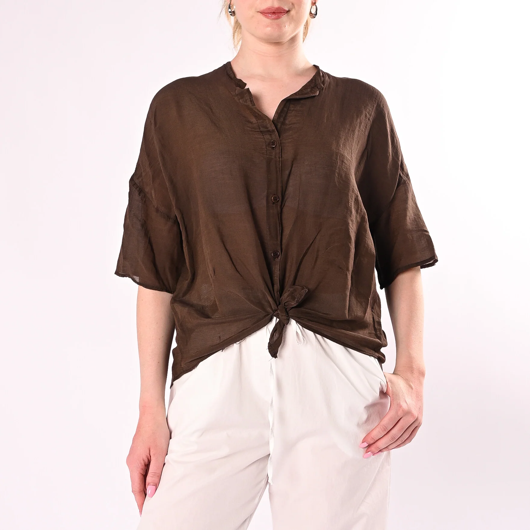 VICOLO - CAMICIA OVER MISTO SETA MANICA CORTA ART. TAB0670/M - MORO
