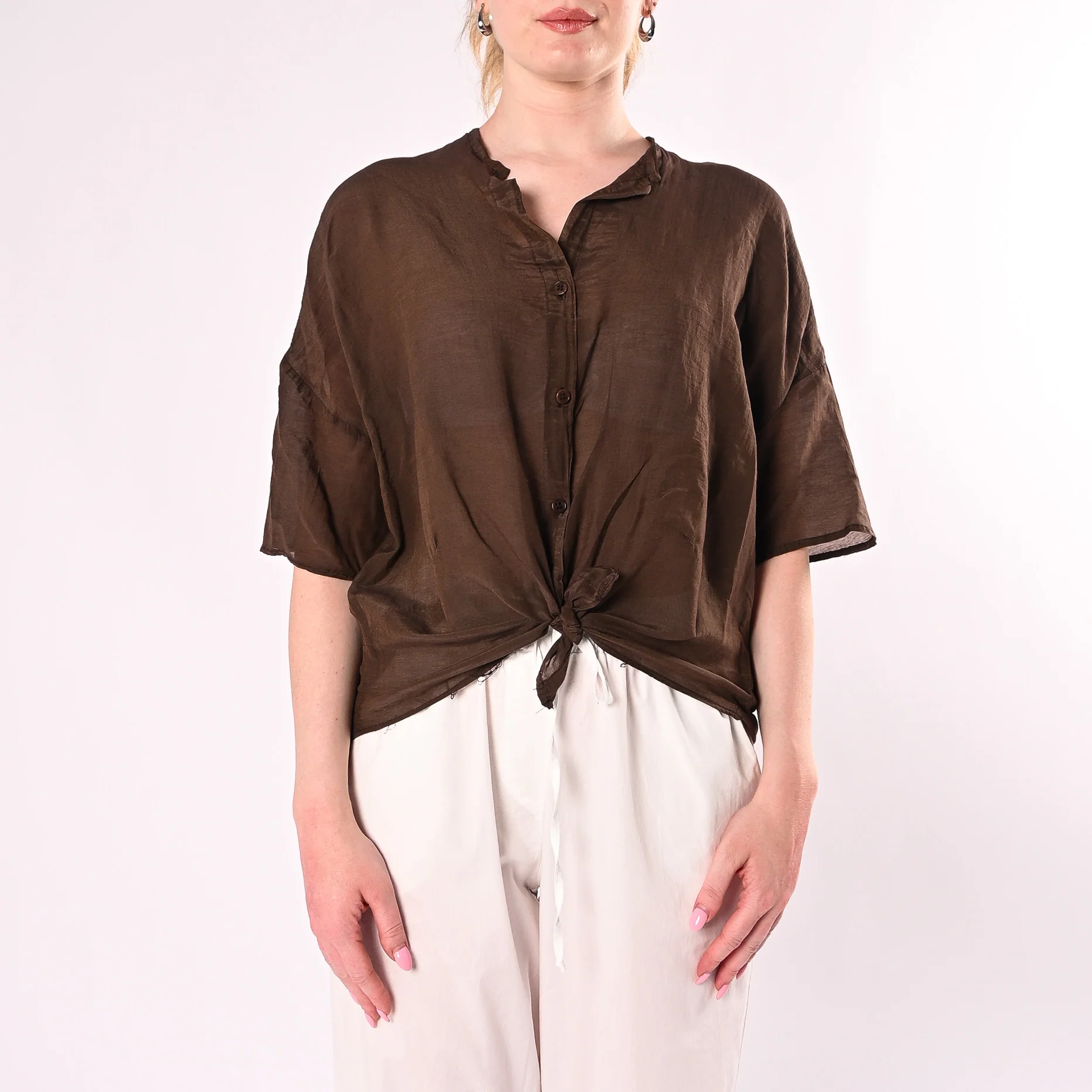 VICOLO - CAMICIA OVER MISTO SETA MANICA CORTA ART. TAB0670/M - MORO - Image 2