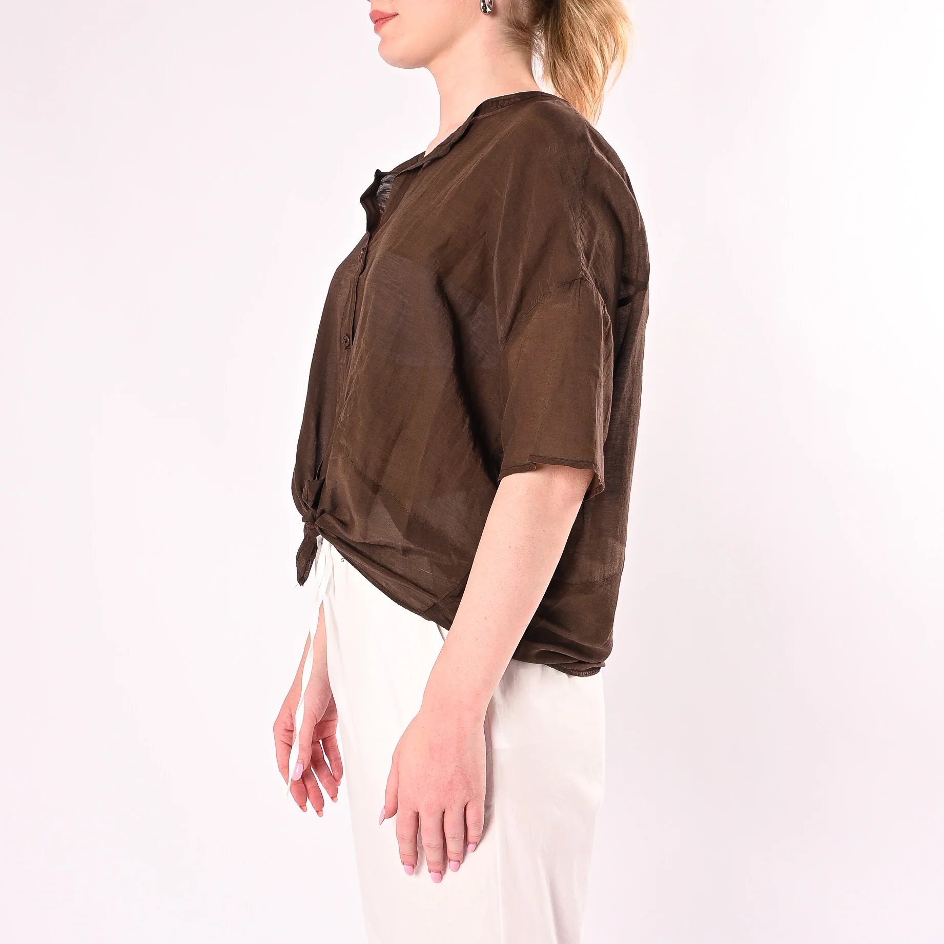 VICOLO - CAMICIA OVER MISTO SETA MANICA CORTA ART. TAB0670/M - MORO - Image 3