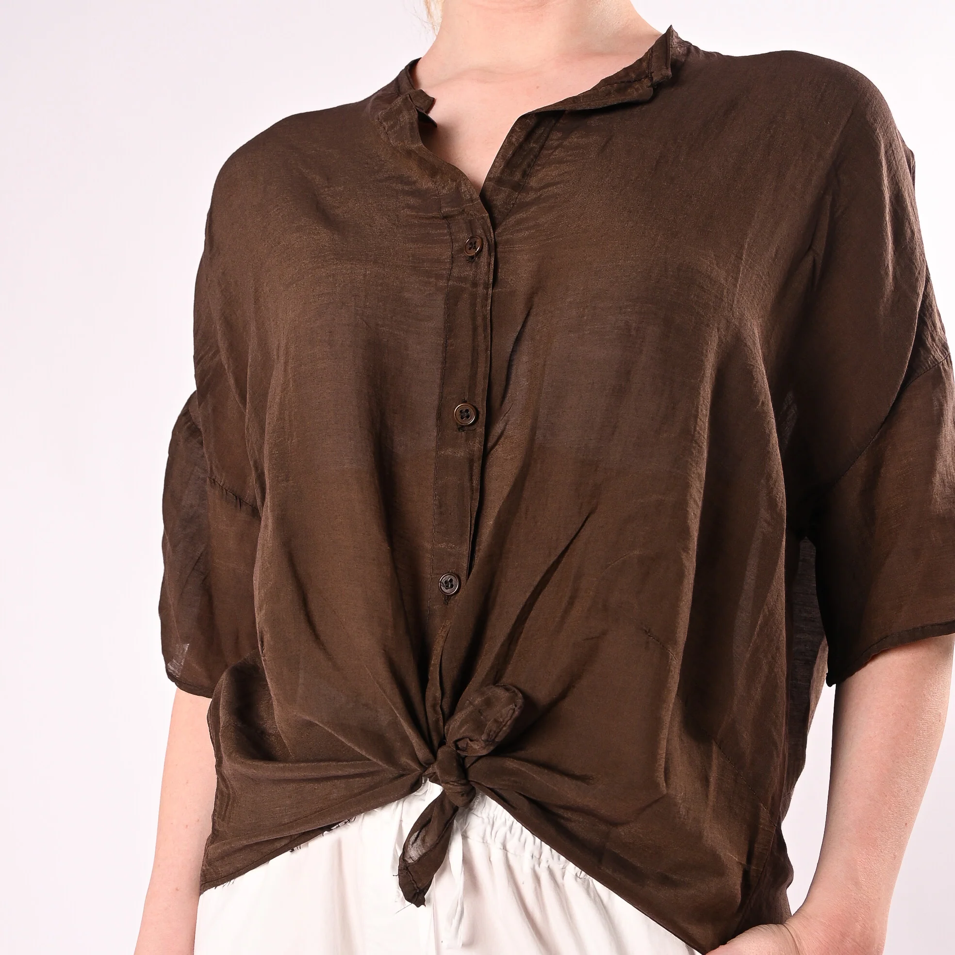 VICOLO - CAMICIA OVER MISTO SETA MANICA CORTA ART. TAB0670/M - MORO - Image 5