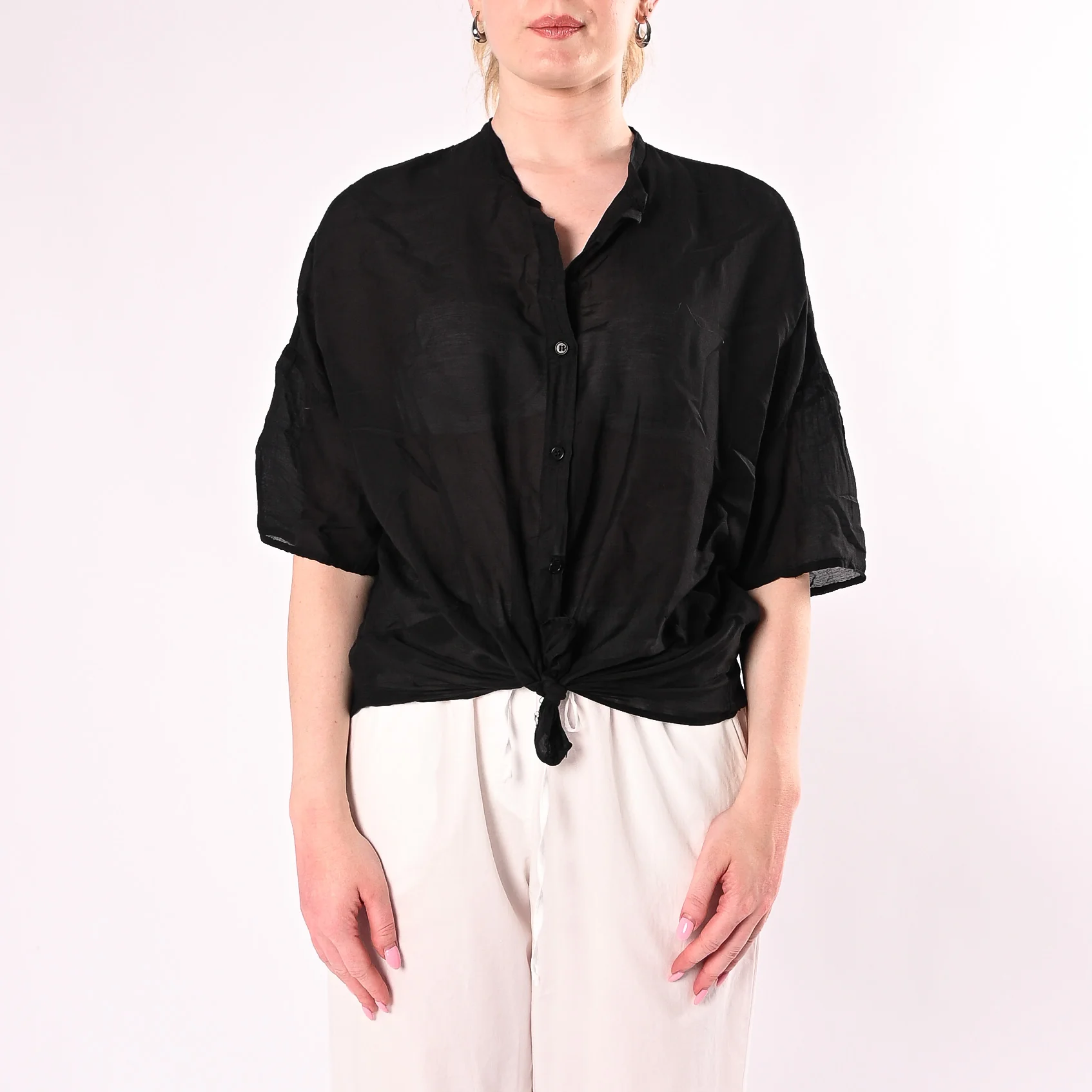 VICOLO - CAMICIA OVER MISTO SETA MANICA CORTA ART. TAB0670/N - NERO - Image 2