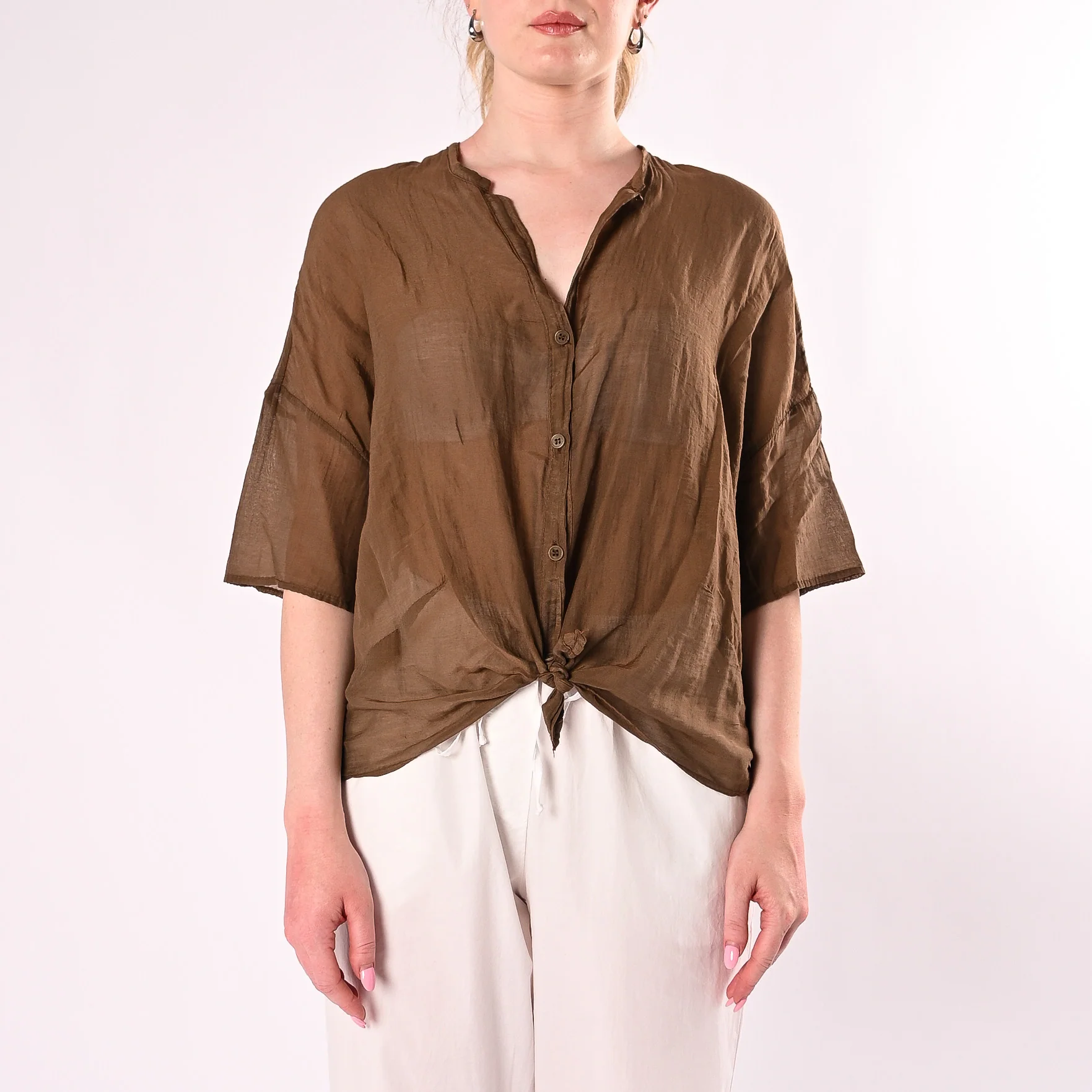VICOLO - CAMICIA OVER MISTO SETA MANICA CORTA ART. TAB0670/NO - NOCCIOLA - Image 2