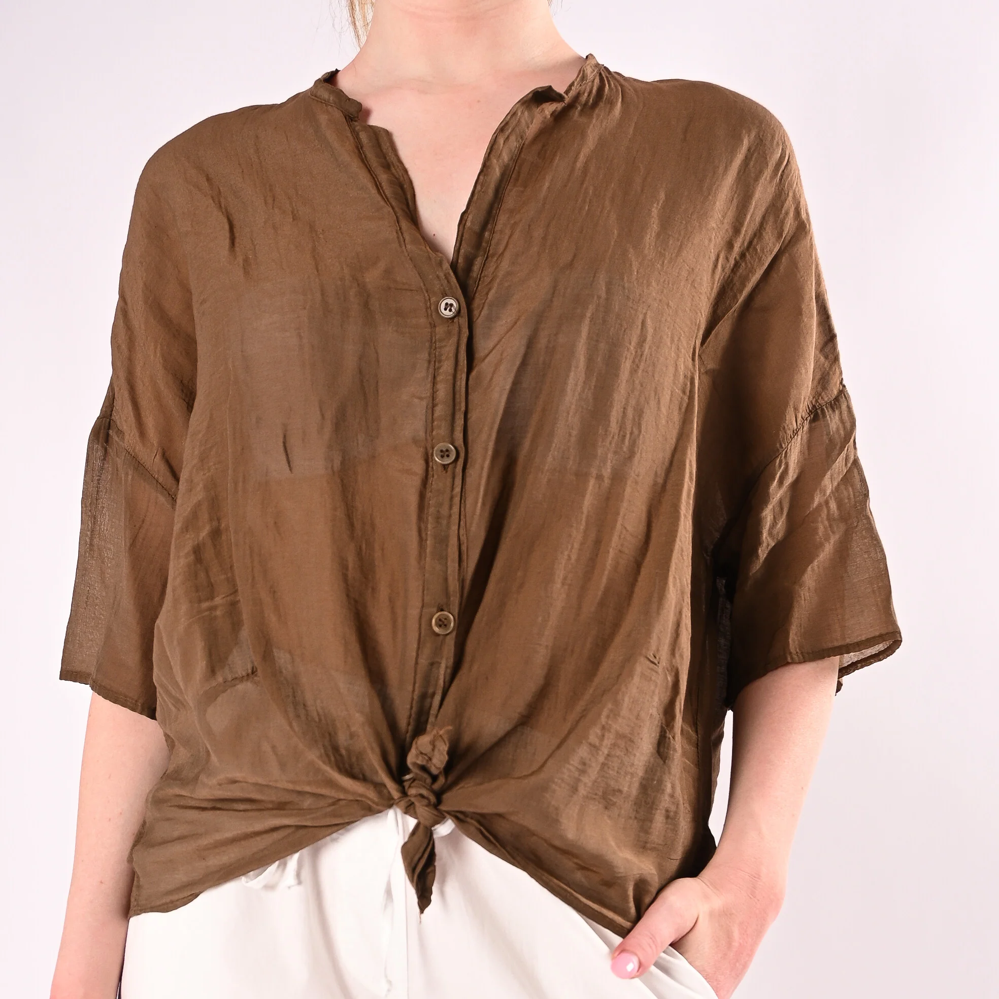 VICOLO - CAMICIA OVER MISTO SETA MANICA CORTA ART. TAB0670/NO - NOCCIOLA - Image 5