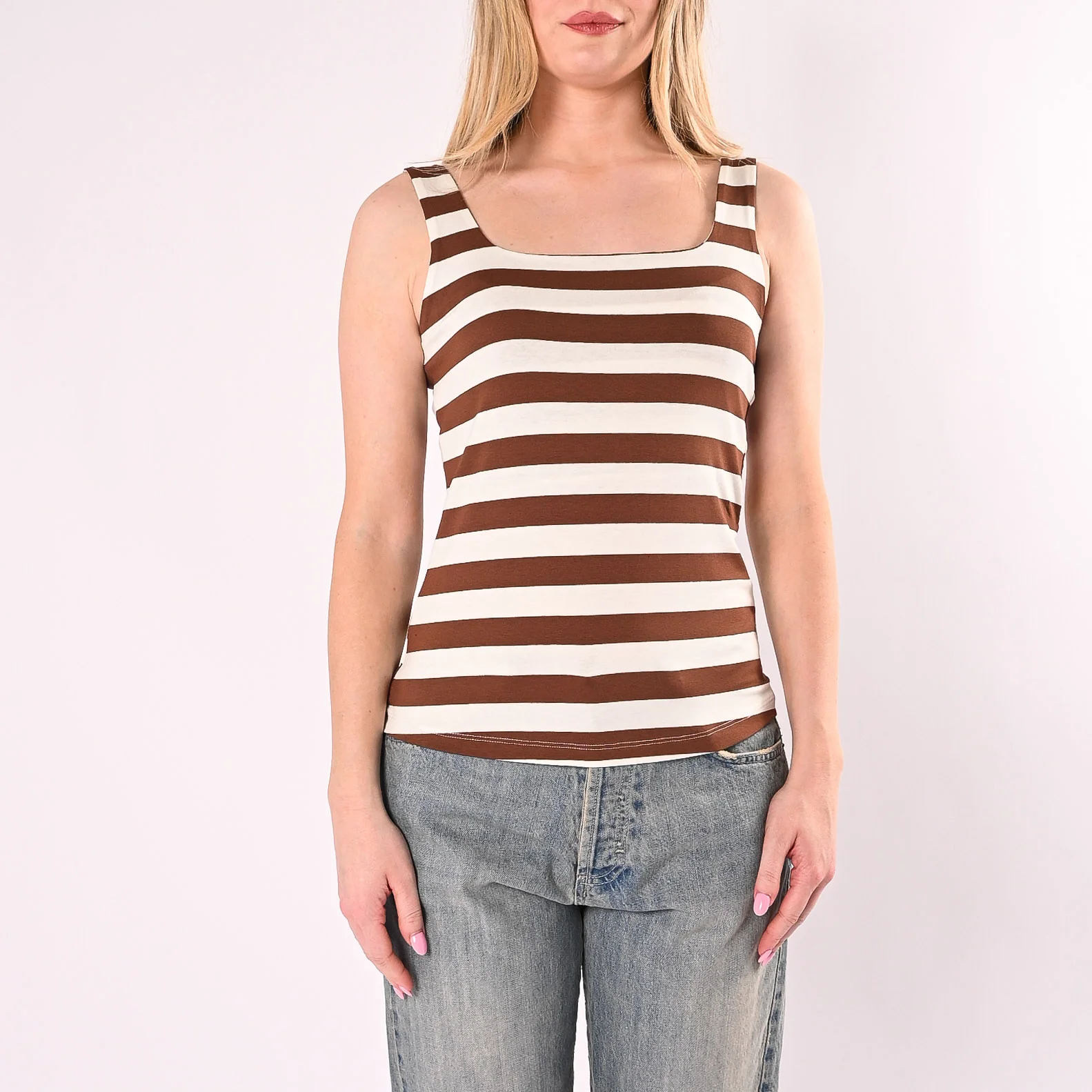 VICOLO - CANOTTA A RIGHE SCOLLO DRITTO ART. UAB0348/NT - NATURALE/TABACCO - Image 2