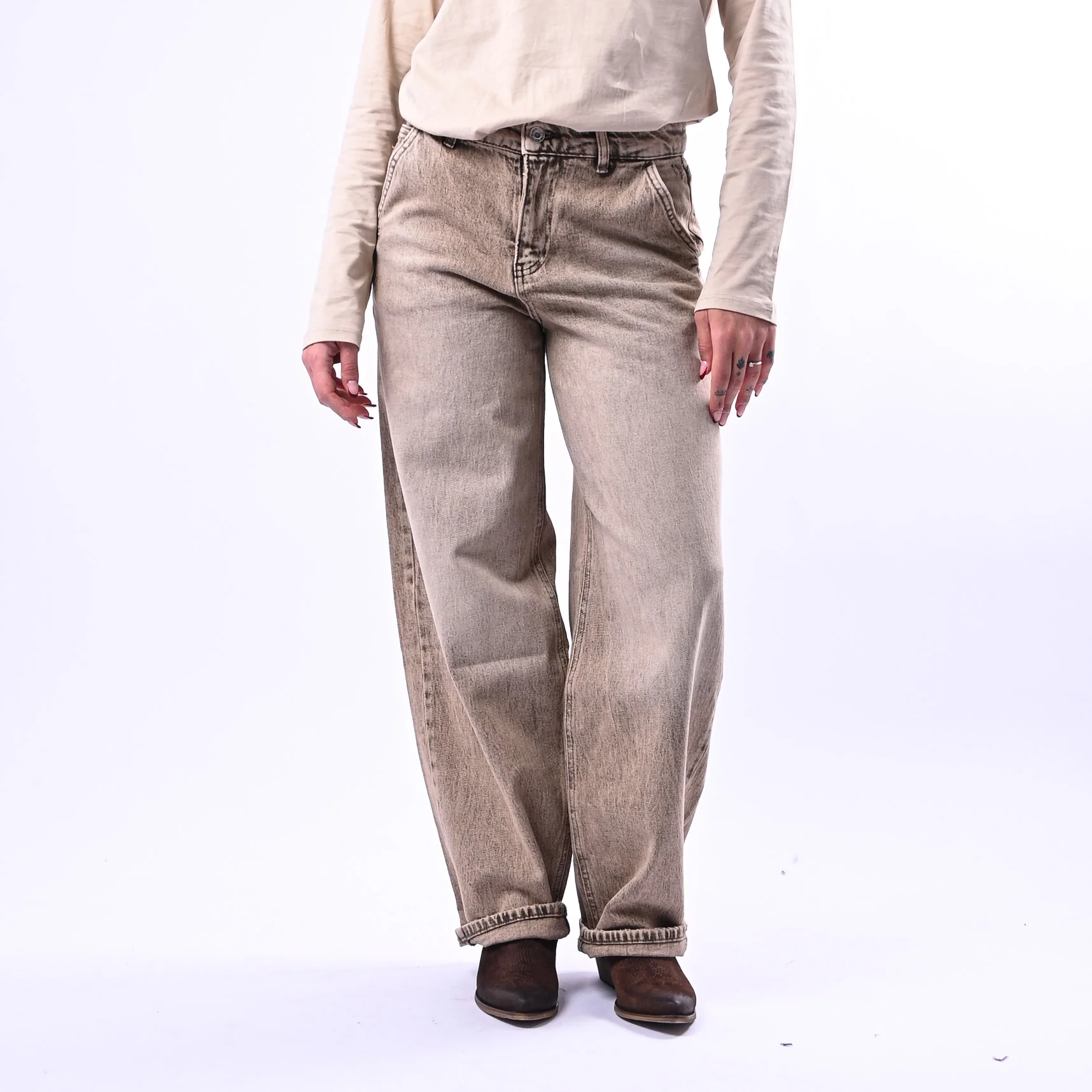 VICOLO - JEANS BALLOON TASCA FRANCESE MARMORIZZATO ART.DAB5180 - BEIGE - Image 4