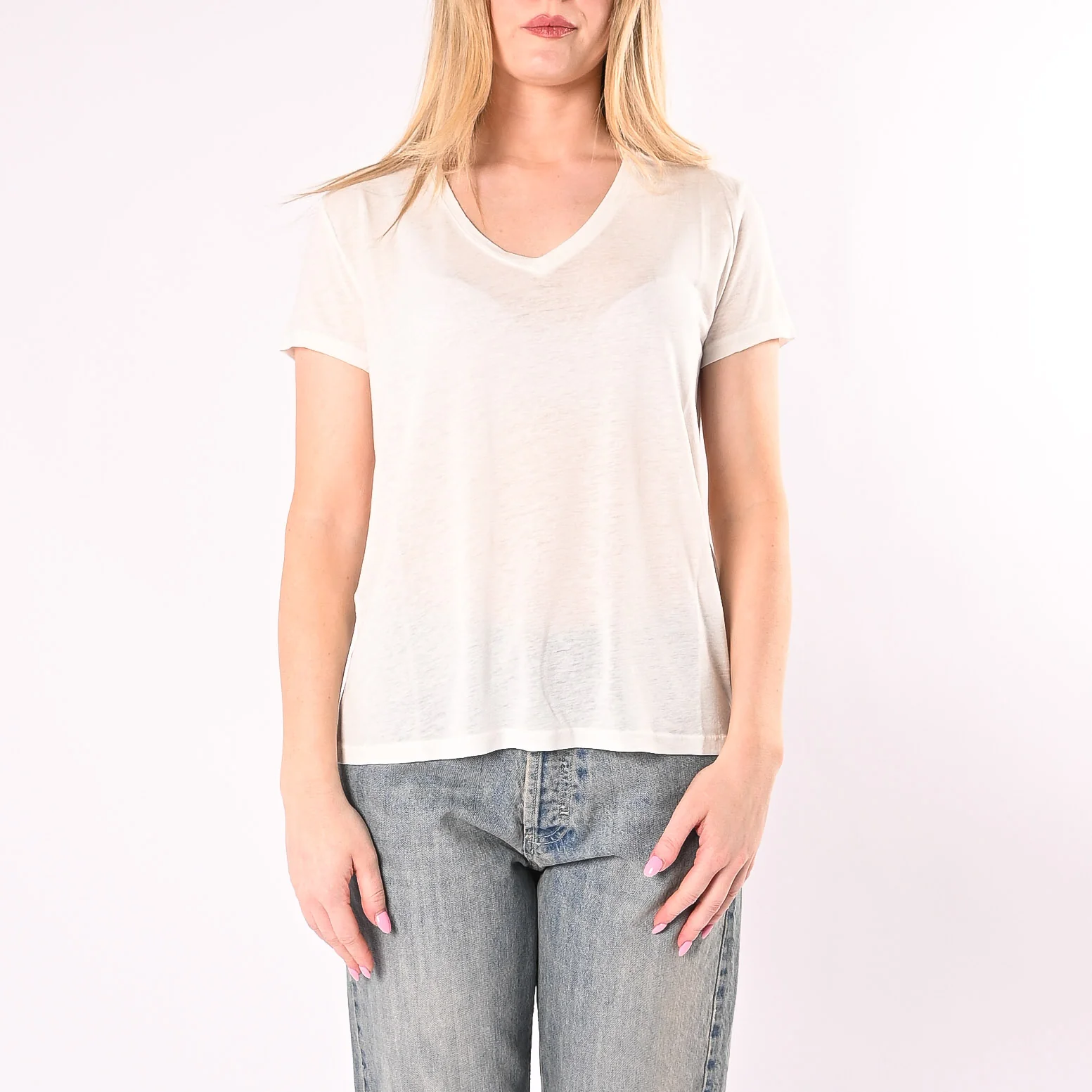 VICOLO - T-SHIRT MISTO LINO SCOLLO V MANICA CORTA ART. UAB0461/N - NATURALE - Image 2